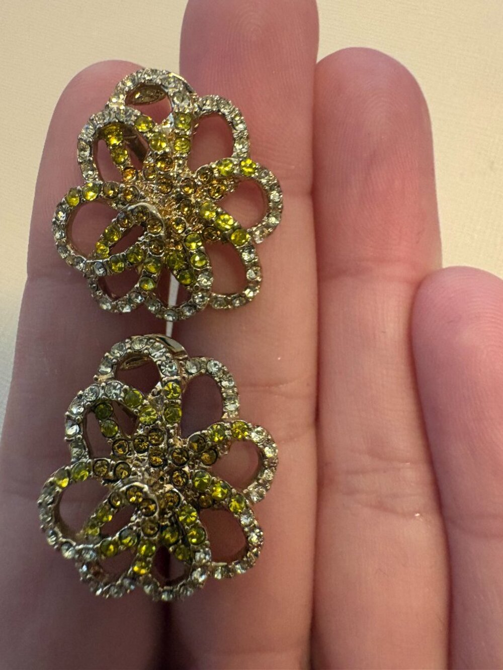 Vintage Monet Gold Tone Orange and Yellow Rhinestone Flower Clip-On Earrings